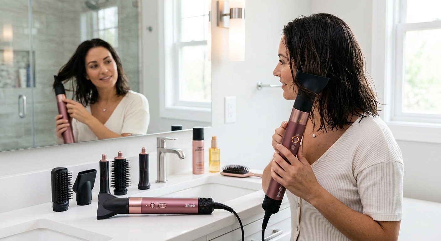 A woman uses a metallic rose gold Shark air styler with a concentrator nozzle, with attachments set on the counter.