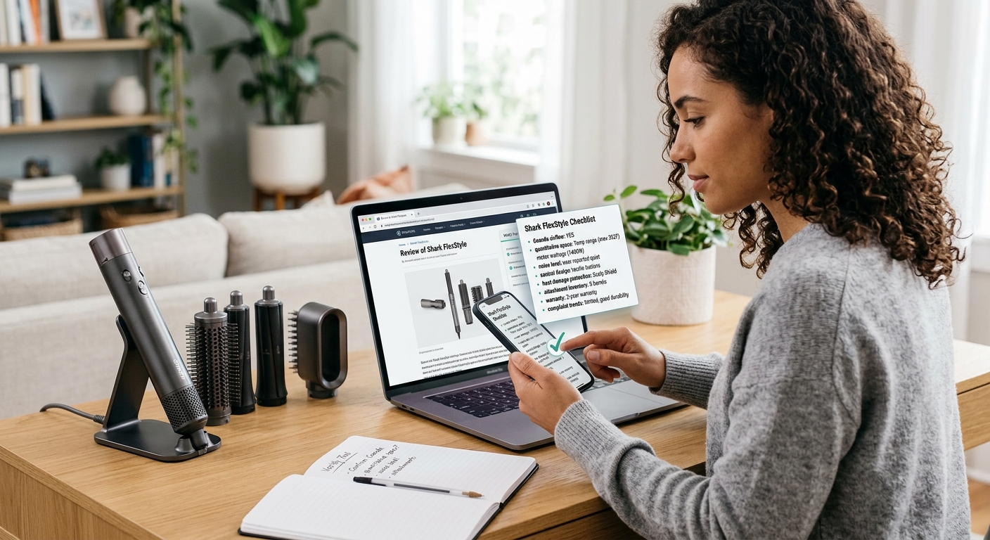 A woman researches a hair styler online, using her phone to check a digital checklist while a laptop shows details.