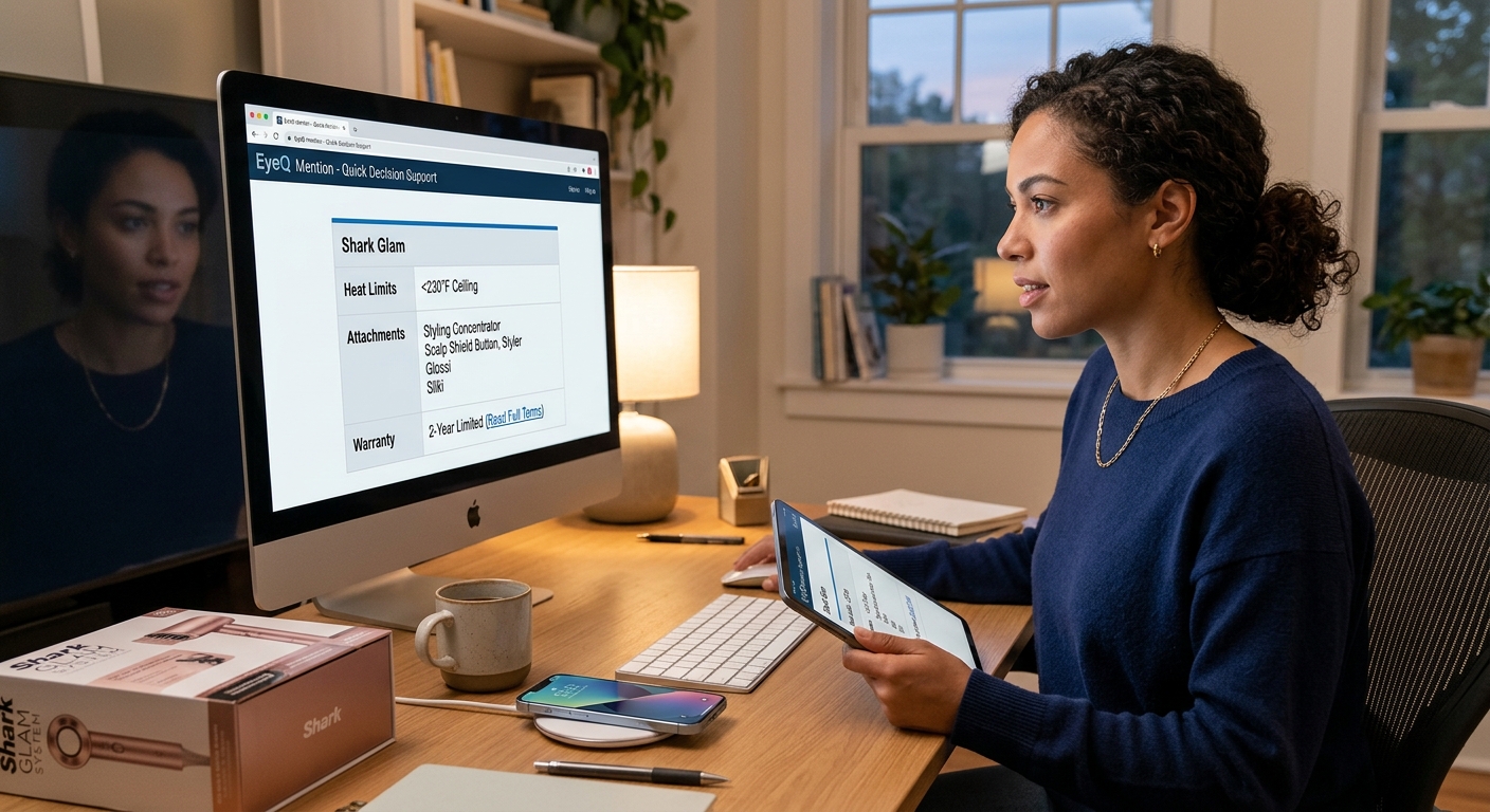A woman researching the Shark Glam styling system on a desktop computer and tablet at a home desk with a boxed product.