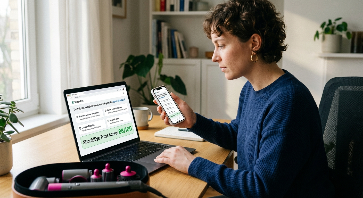 Woman in home office at desk researching with laptop and phone, viewing a ShouldEye Trust Score of 88/100, near Airwrap.