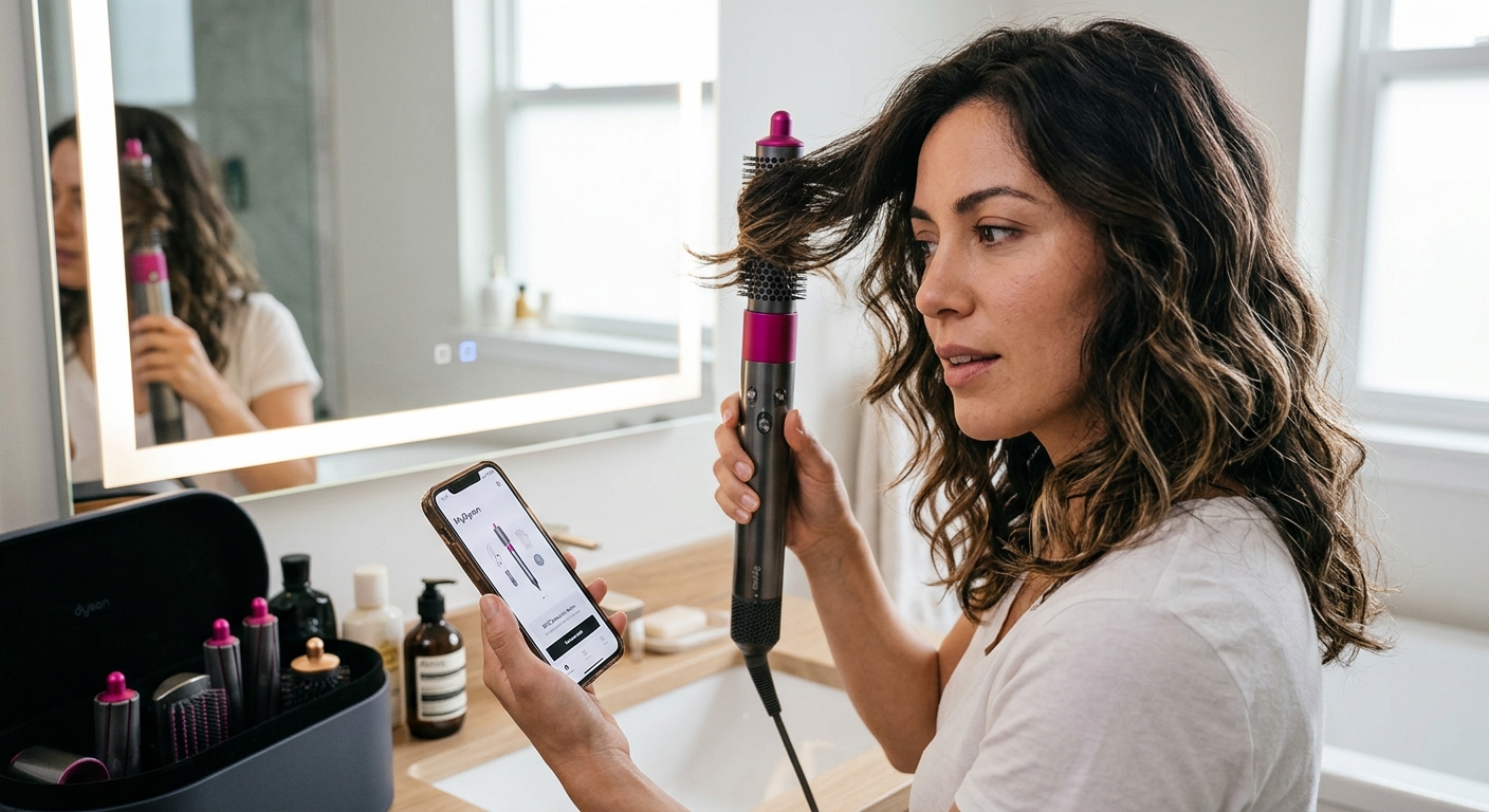 Woman in white tee in bathroom using Dyson Airwrap while looking at smartphone. Dyson case and bottles on wood counter.