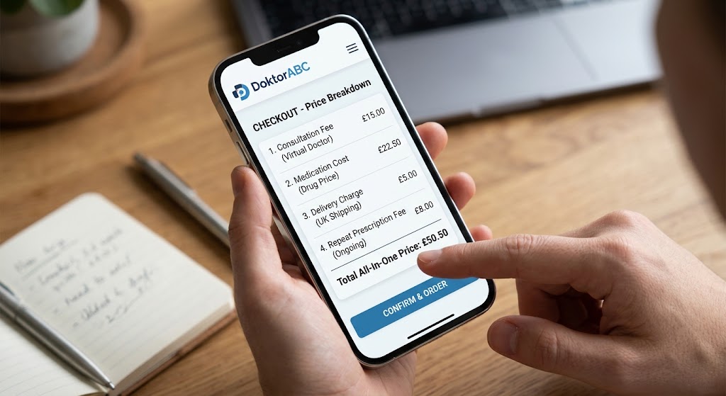 Smartphone screen displaying a detailed DoktorABC checkout price breakdown showing consultation, delivery, and drug fees.