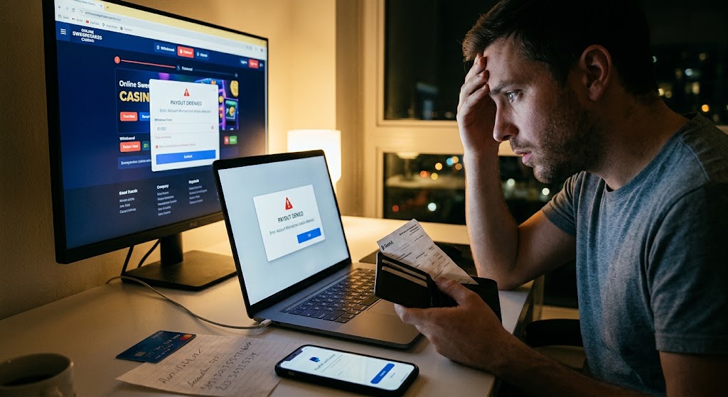 Frustrated man looking at a laptop showing a denied payout message alongside bank details and a credit card on his desk.