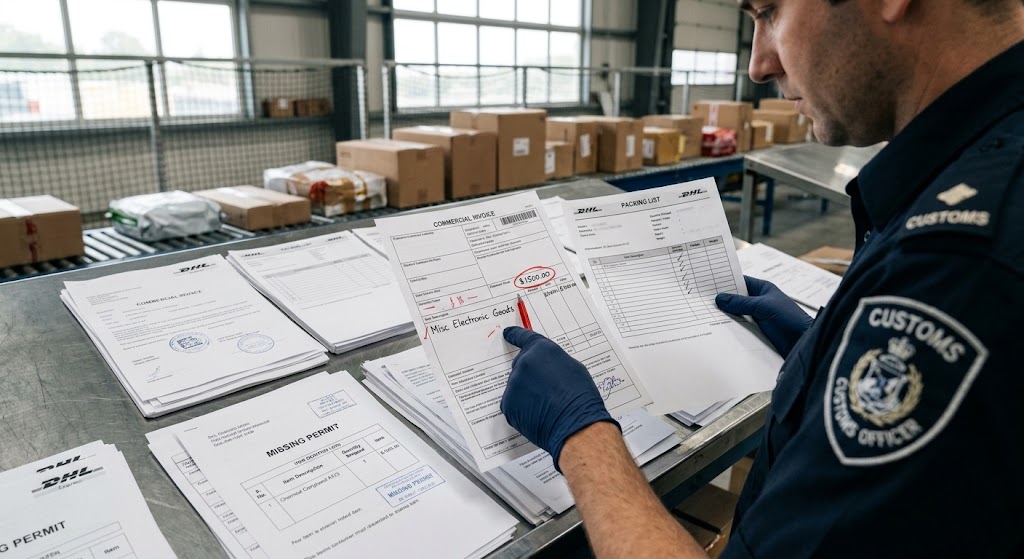 Customs officer reviewing DHL shipment papers, commercial invoices, and packing lists in a cargo warehouse setting.