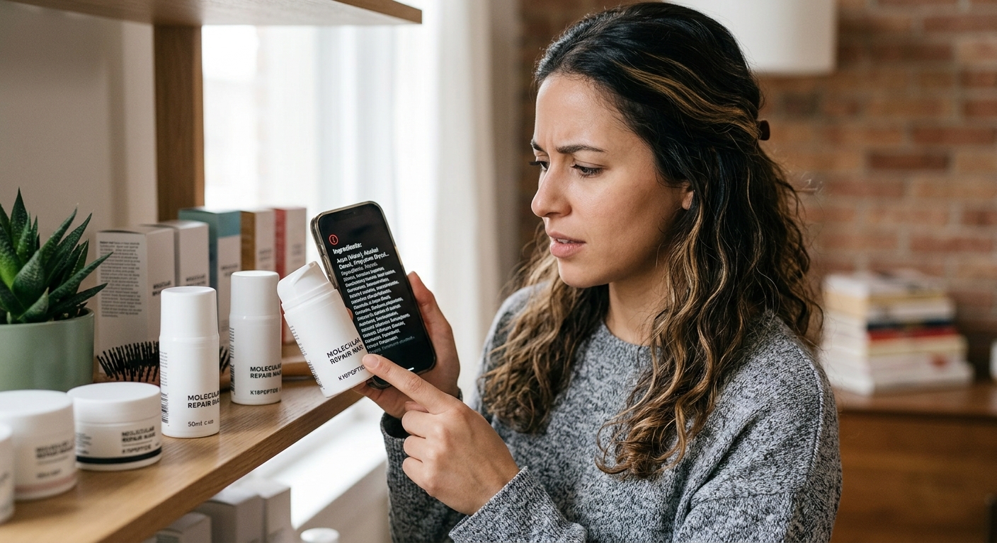 A woman thoughtfully checks ingredients on her phone while examining hair repair treatment bottles on a bathroom shelf.