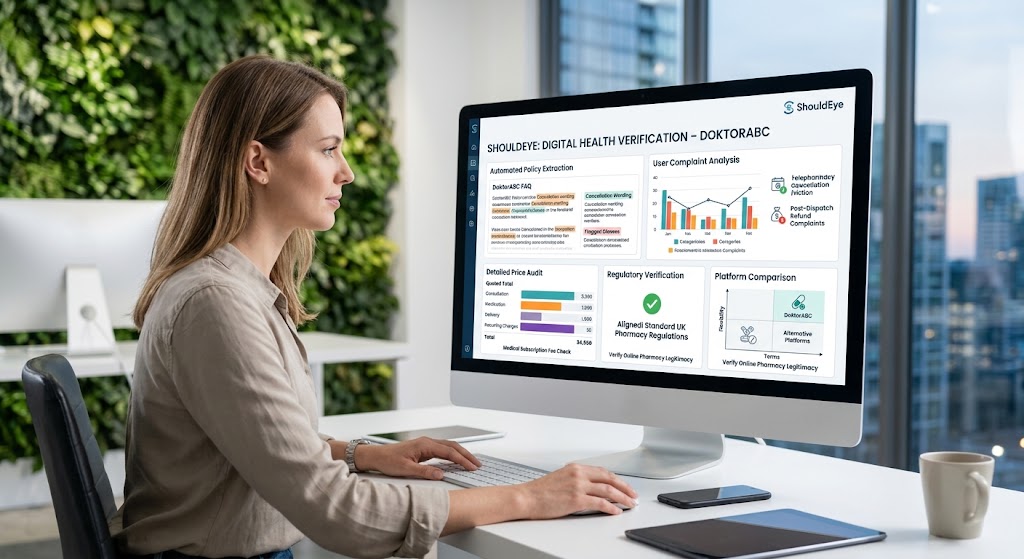 Woman using ShouldEye dashboard on desktop monitor to audit telepharmacy policy, pricing, and regulatory compliance.