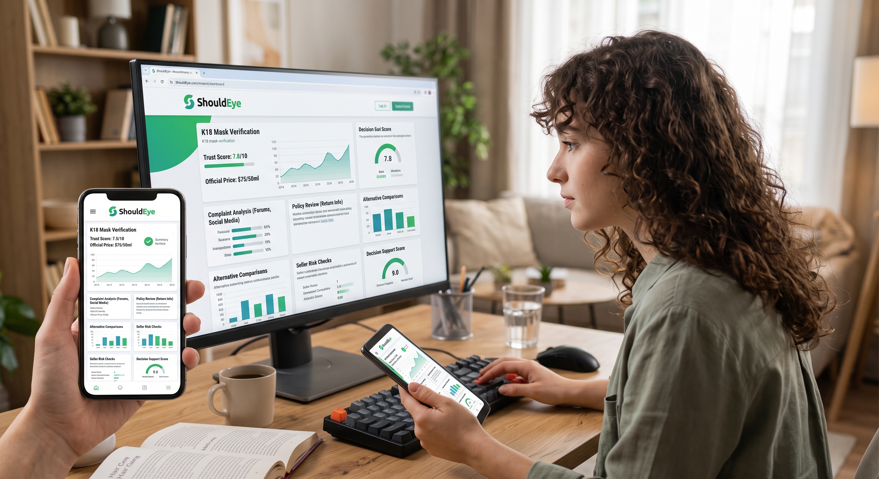 A woman with curly hair looks at a ShouldEye dashboard on a computer and smartphone, analyzing a K18 mask trust score.