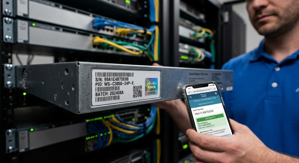 IT technician in a server room scanning a Cisco switch barcode and serial number label using a verification app on a smartphone.