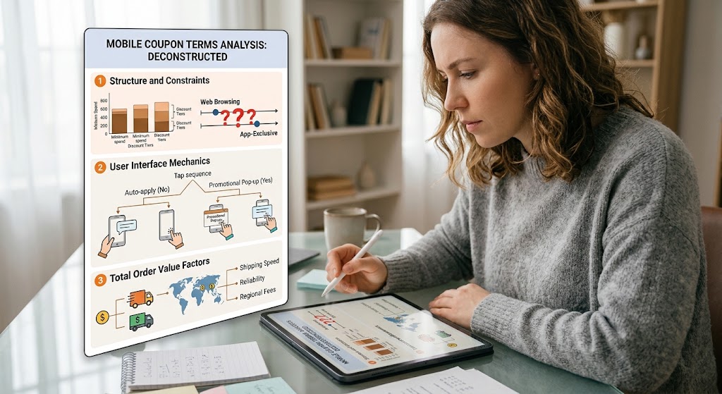 Woman reviewing a breakdown of mobile coupon terms, UI workflows, and order value factors on a digital tablet screen.
