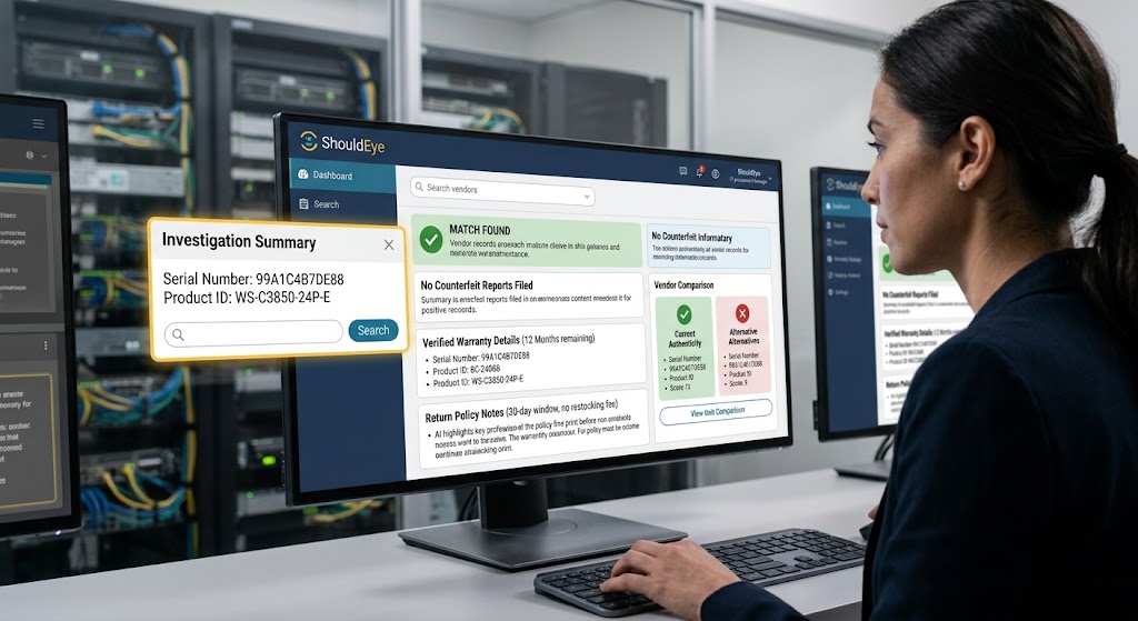 A data center professional uses the ShouldEye AI dashboard to verify the authenticity of a network switch serial number.