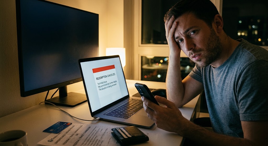 Distressed man holding a phone beside a laptop displaying a redemption canceled notice due to a vague technical issue.