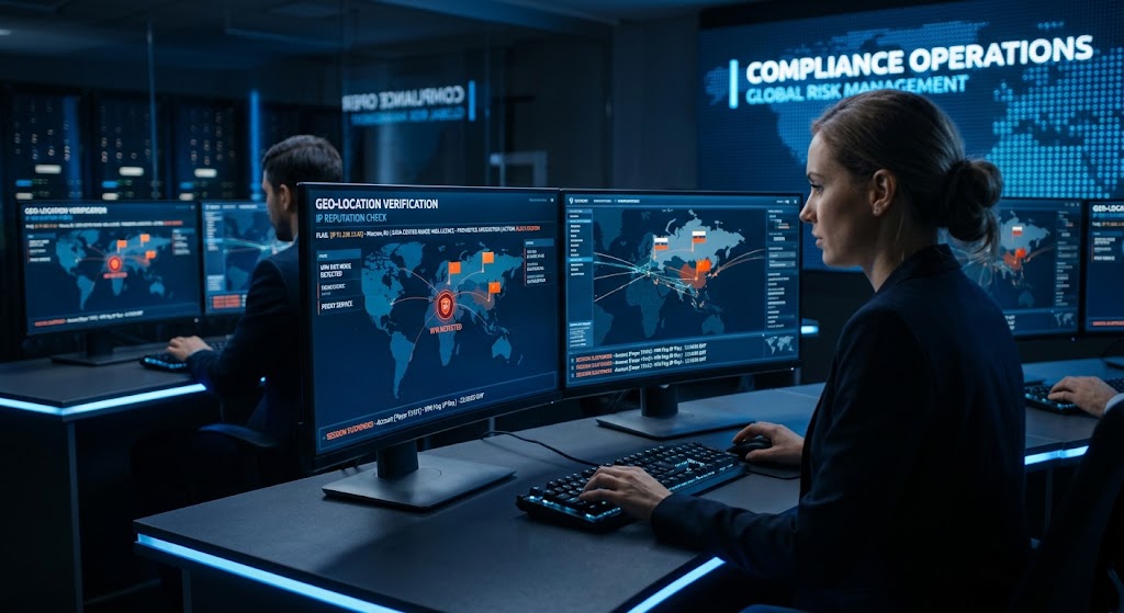 Compliance officer monitoring global IP geolocation maps and VPN detection software on multiple cybersecurity screens.