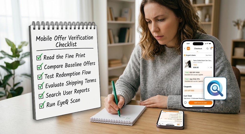 Shopper completing a mobile discount checklist in a notebook while checking a smartphone screen with the EyeQ app tool.