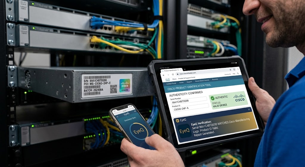 IT specialist using a tablet with the Cisco validation tool and EyeQ app to verify a rack switch serial number.