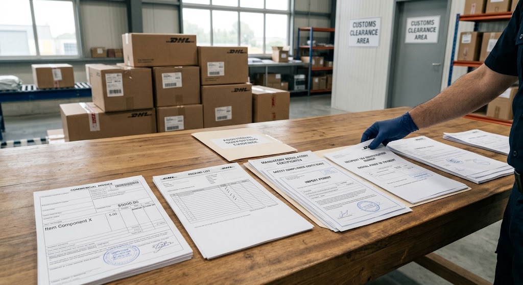 Import paperwork, invoices, and permits organized on a wooden table inside a DHL customs clearance facility.