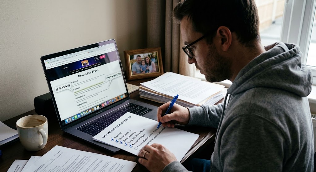 A man sits at a desk, checking off points on a list while looking at a laptop displaying a casino's terms of service.