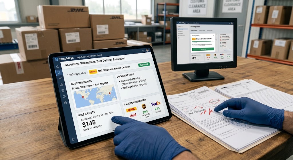 A digital interface showing ShouldEye's tracking solution for a DHL shipment, including route issues and carrier options.