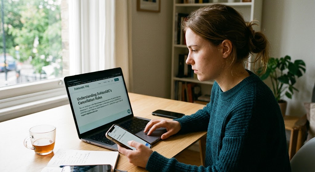 Woman at desk reading DoktorABC FAQ on laptop and holding phone to email support about telepharmacy order cancellation.