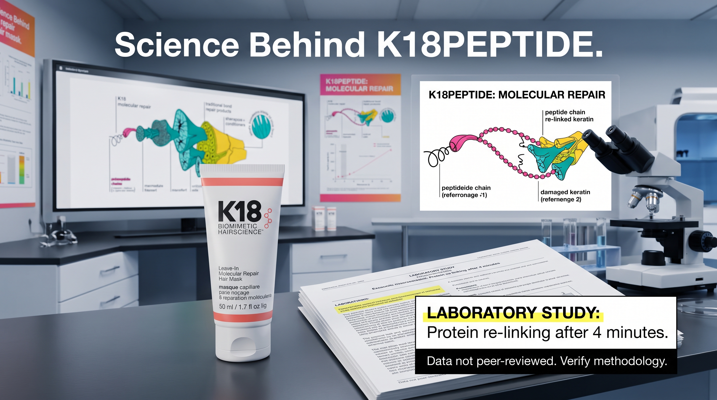 K18 Hair Mask bottle in a science lab next to research papers and a screen displaying molecular hair repair diagrams.