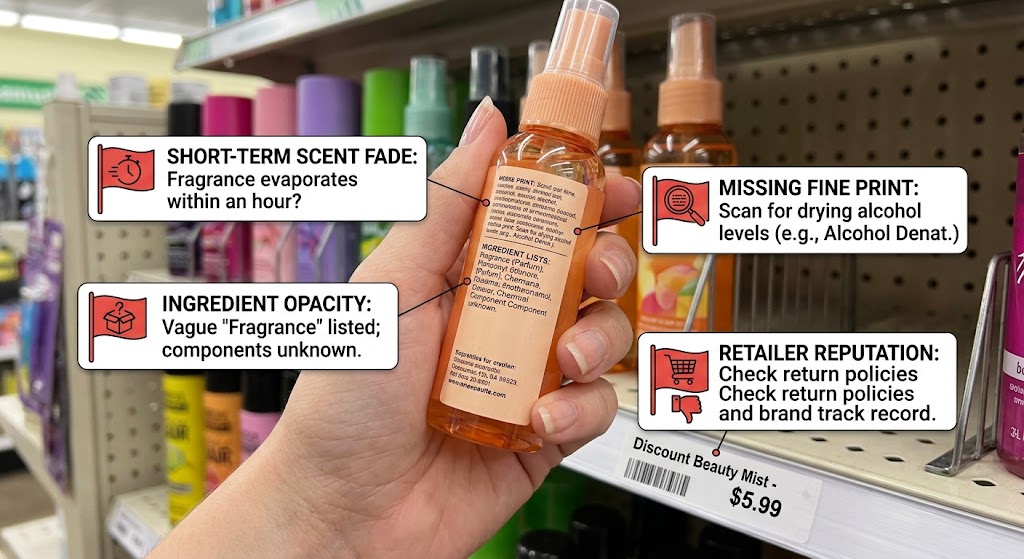 Hand holding a discount body mist bottle in a store aisle, surrounded by graphic callout boxes detailing red flags.