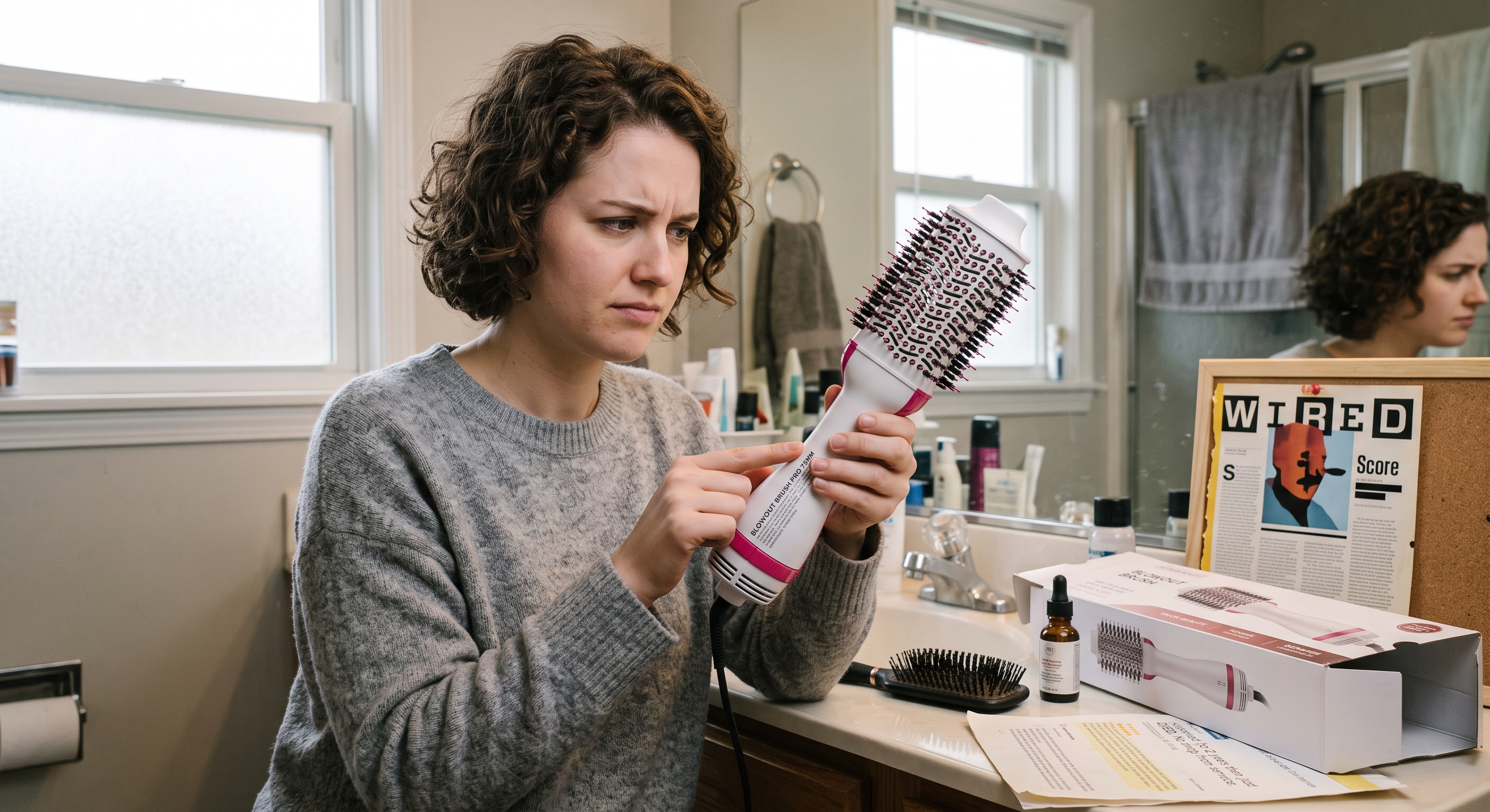 A skeptical woman with short curly hair examines a hot-air brush at a bathroom counter with a laptop and Wired magazine nearby.