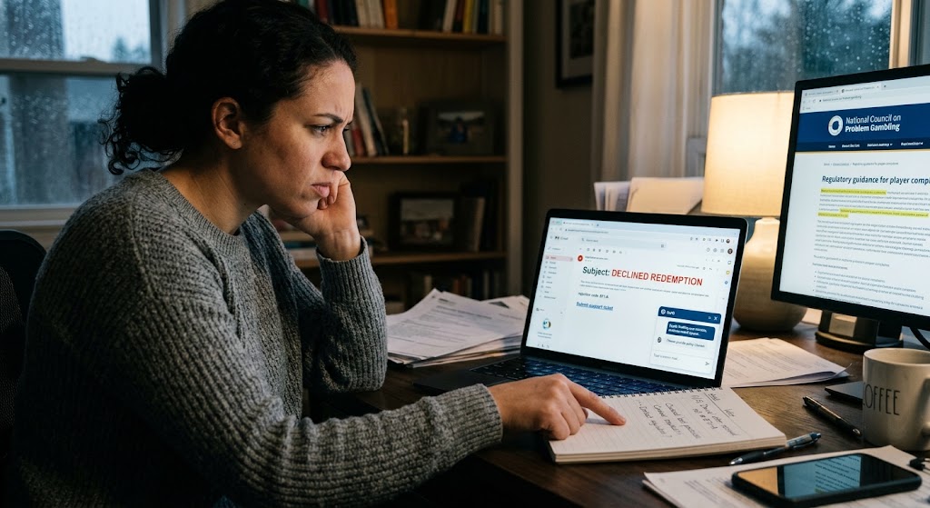 A focused woman sits at a desk reviewing a declined payout email on her laptop alongside regulatory support guidelines.