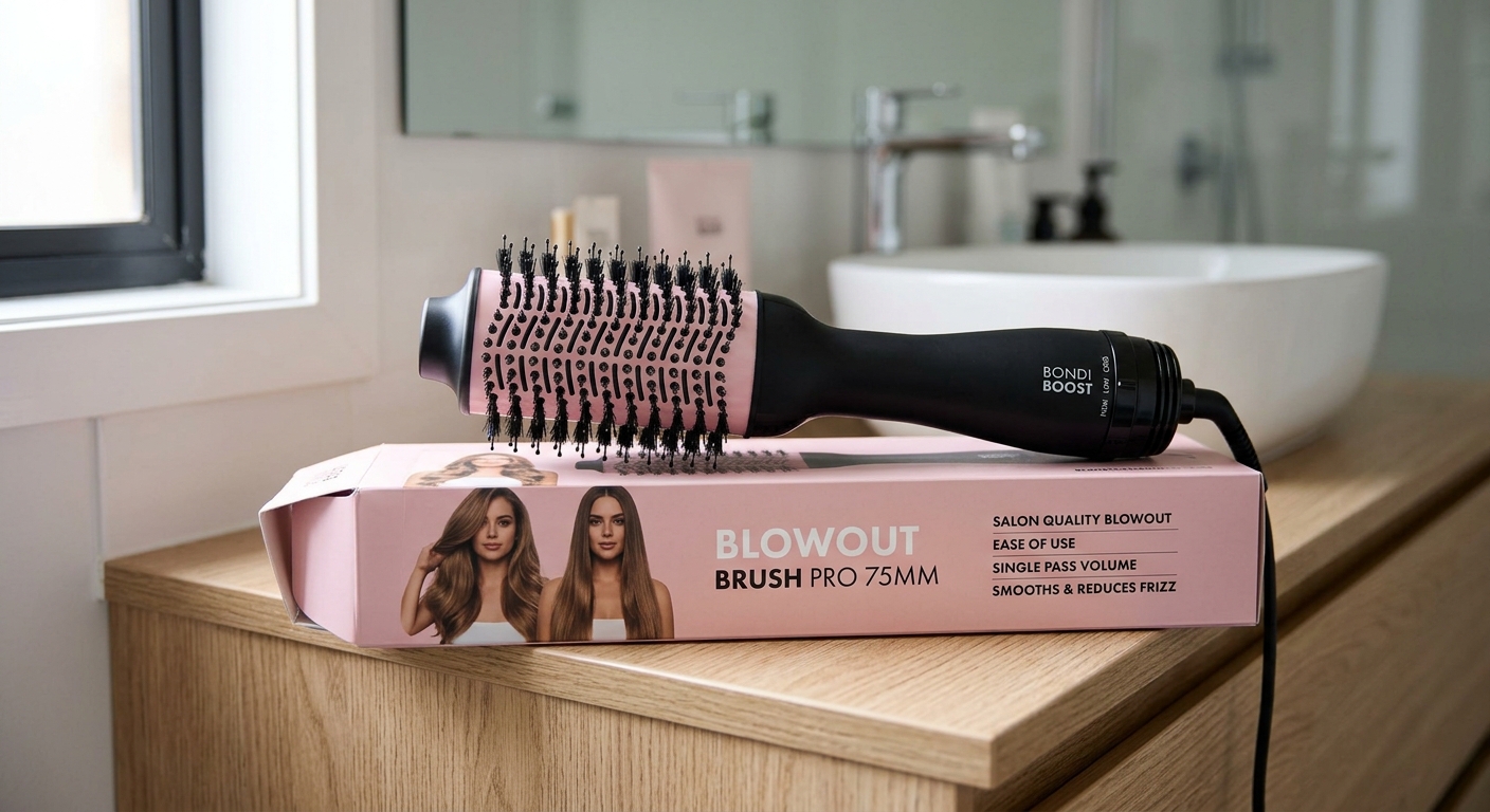 BondiBoost Blowout Brush Pro 75mm on its pink box with a listing of promises, on a bathroom vanity.