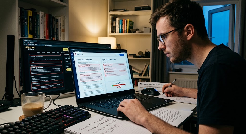 User analyzing online casino VPN risk scans on dual monitors with ShouldEye EyeQ interface and handwritten notes.