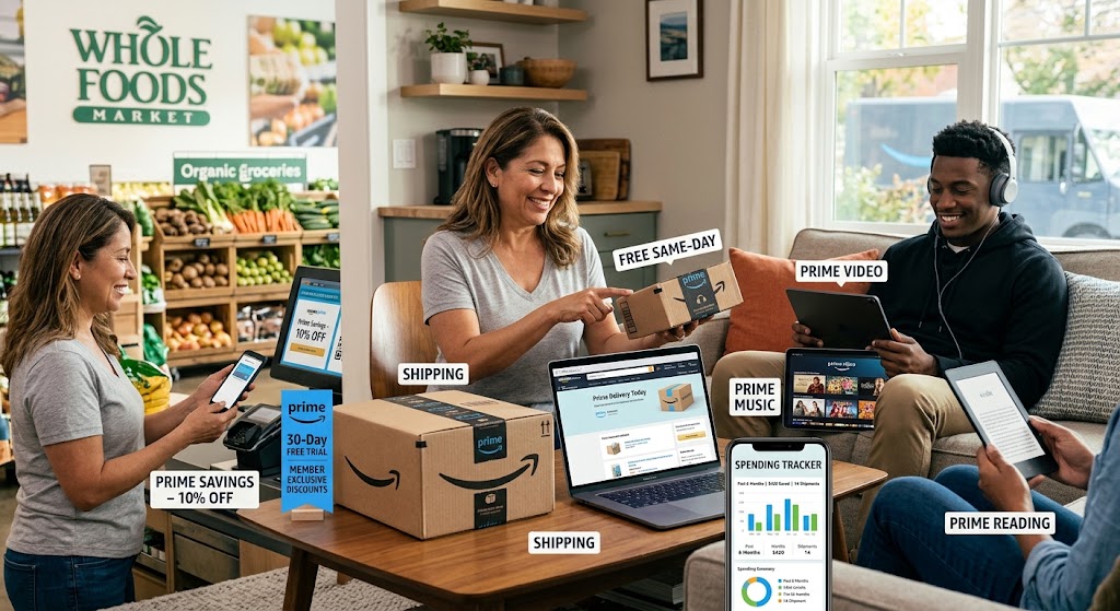 A split-screen illustration showing Whole Foods discounts, Prime delivery boxes, streaming apps, and spending tools.
