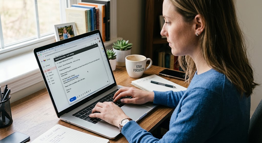 A woman writing a cancellation email to customer support on her laptop while taking notes at a home office desk.