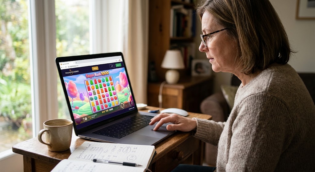 A woman using a laptop to research Sugar Rush 1000 slot game RTP percentages with handwritten notes beside her desk.