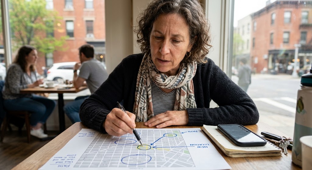 A woman marks a city street map with circled areas and 'PATH' labels in blue ink, seated at a cafe table with a phone.