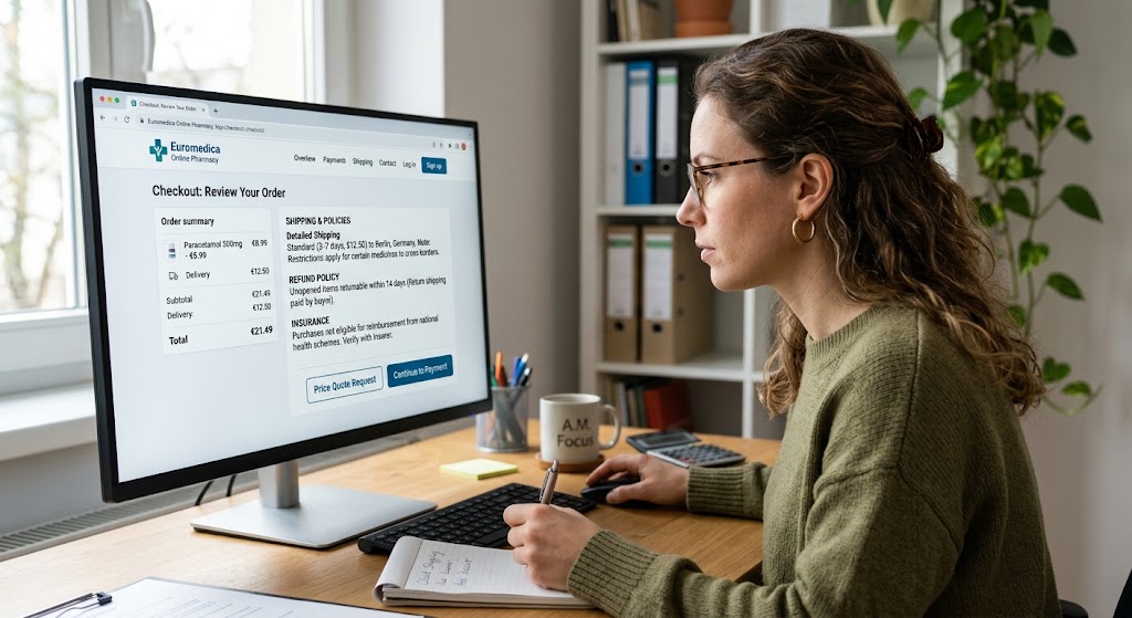 Woman reviewing shipping fees, refund policy, and order details of an online pharmacy checkout page on a desktop computer.