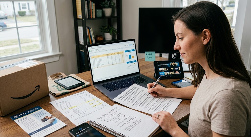A woman auditing her subscription spending at a desk with a laptop, receipts, delivery boxes, and a decision checklist.