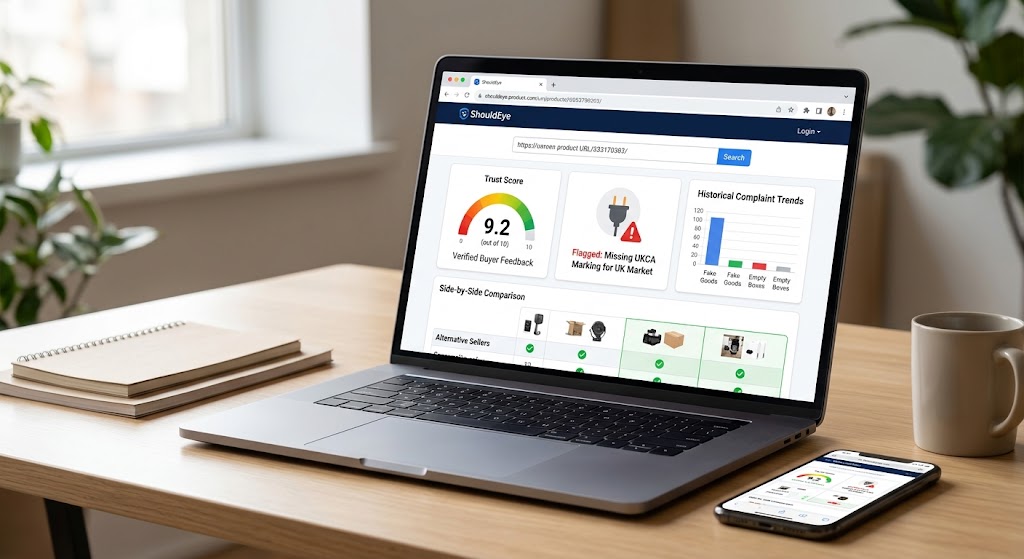 Laptop displaying ShouldEye trust platform dashboard with seller ratings and compliance alerts beside a smartphone.