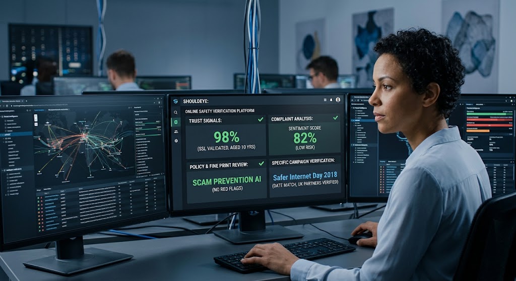 An analyst uses a cybersecurity dashboard for "SHOULDEYE" to verify the safety of "Safer Internet Day 2018."