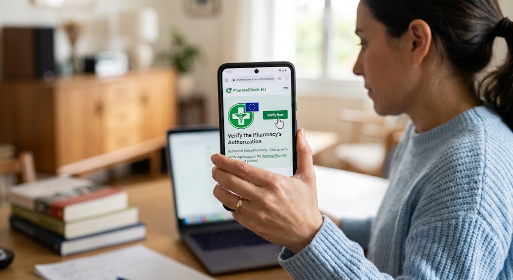 A person holds a phone displaying an online pharmacy verification page with an EU logo and the text "PharmaCheck EU".