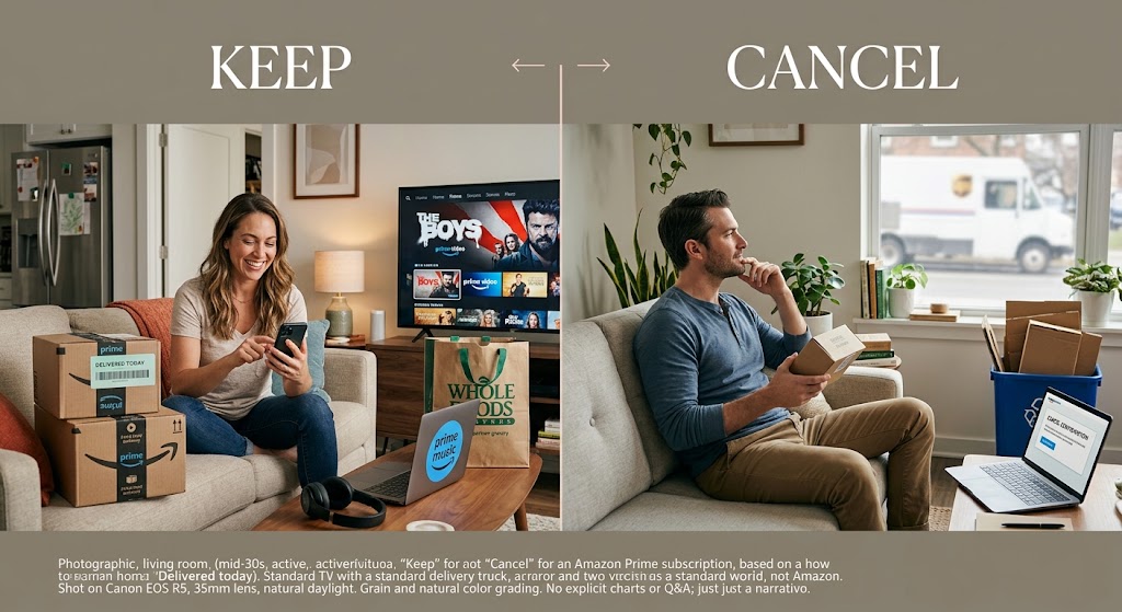 Side-by-side comparison of happy active Prime user versus thoughtful user considering canceling subscription.
