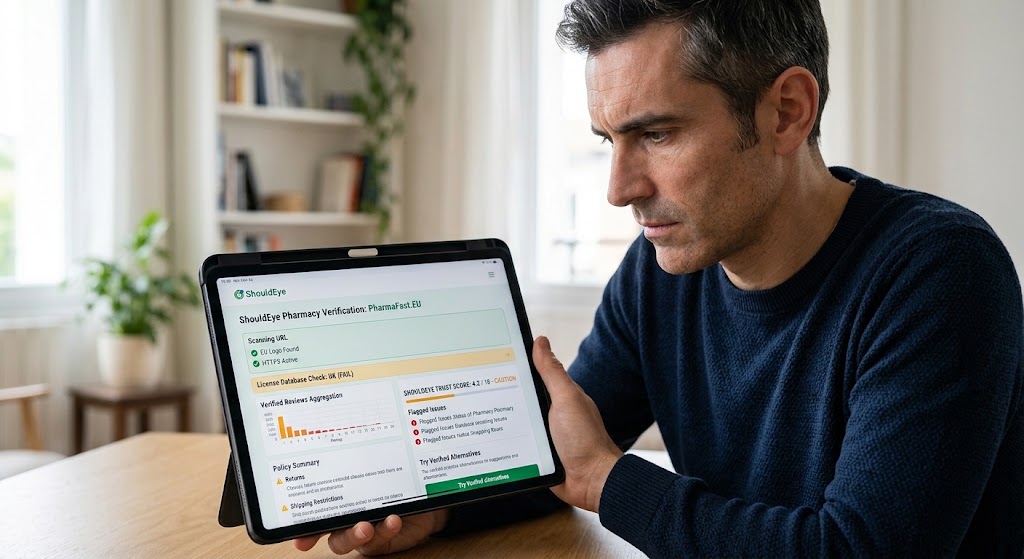 Man reviewing a ShouldEye pharmacy trust report and security checks on a tablet screen.