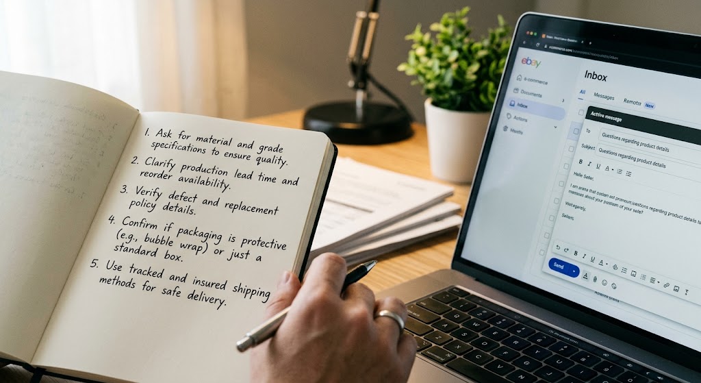 Hand writing seller inquiry checklist in notebook beside laptop displaying e-commerce messaging interface.