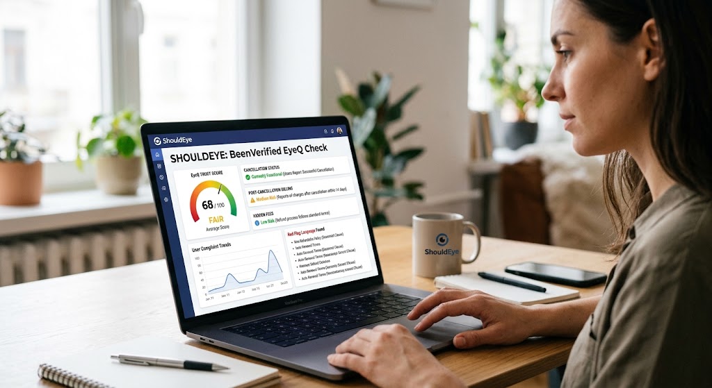 A woman reviewing a ShouldEye EyeQ trust score dashboard on her laptop to check platform cancellation signals.