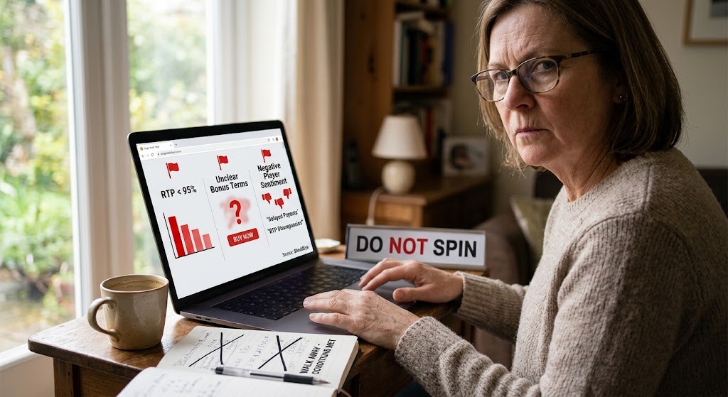 A player analyzing red flags and low RTP warnings on a laptop screen before deciding to walk away from a slot game.