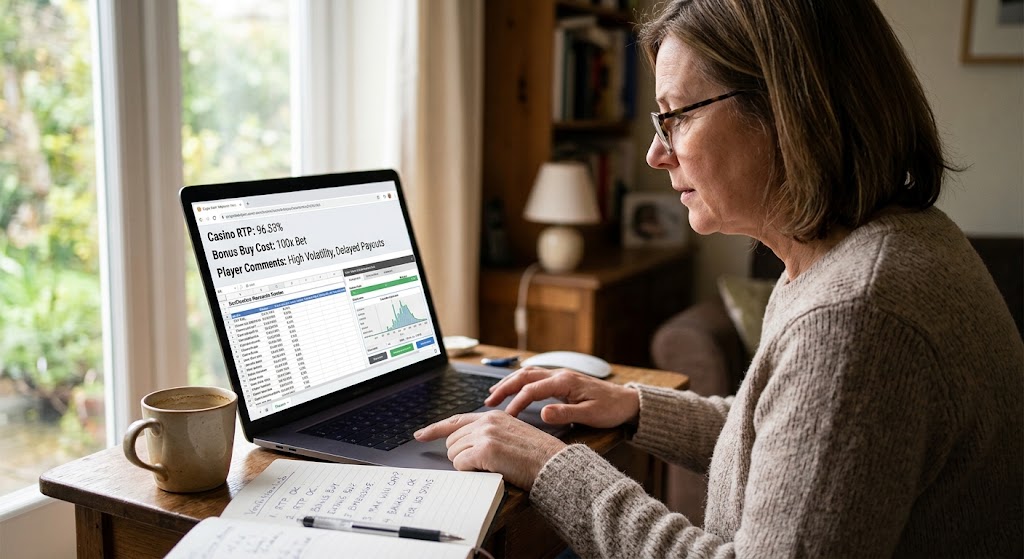 A woman reviewing online casino RTP disclosures, bonus terms, and slot verification steps on a laptop at her desk.