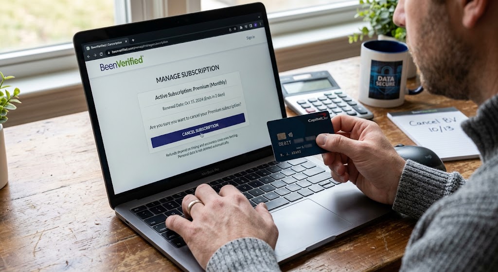 A person using a laptop to cancel a BeenVerified subscription with a credit card nearby to manage recurring billing.