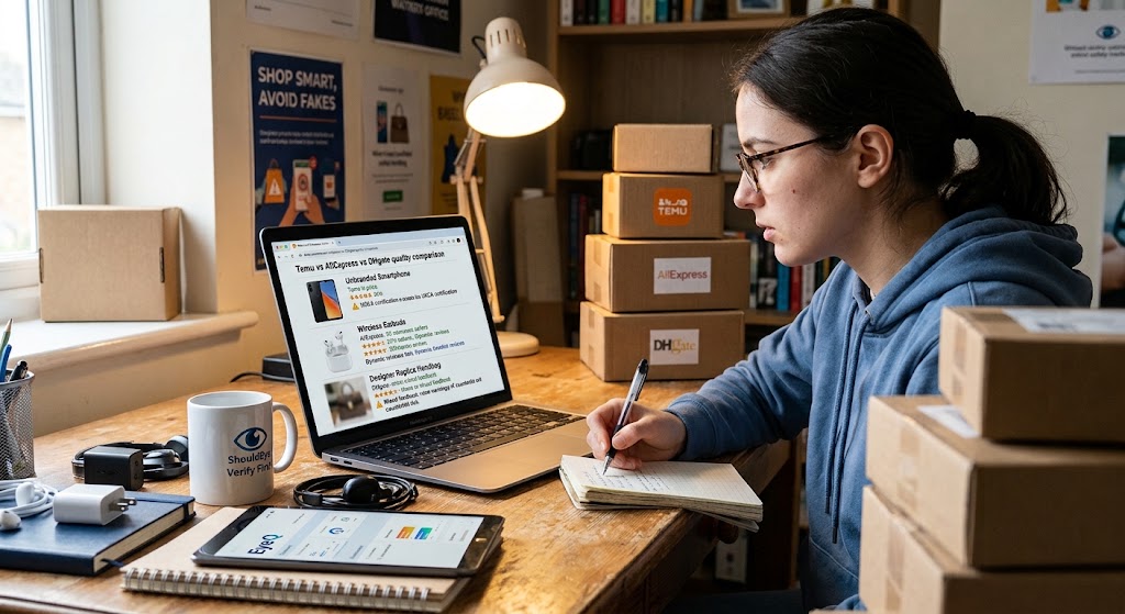 Woman writing in a notebook at a desk with a laptop, tablet, ShouldEye mug, and stacked Temu and DHgate parcel boxes.