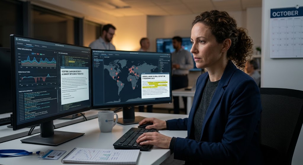 A cybersecurity analyst verifies data in a digital operations center, with maps, threat data, and 'UNODC' visible on screens.