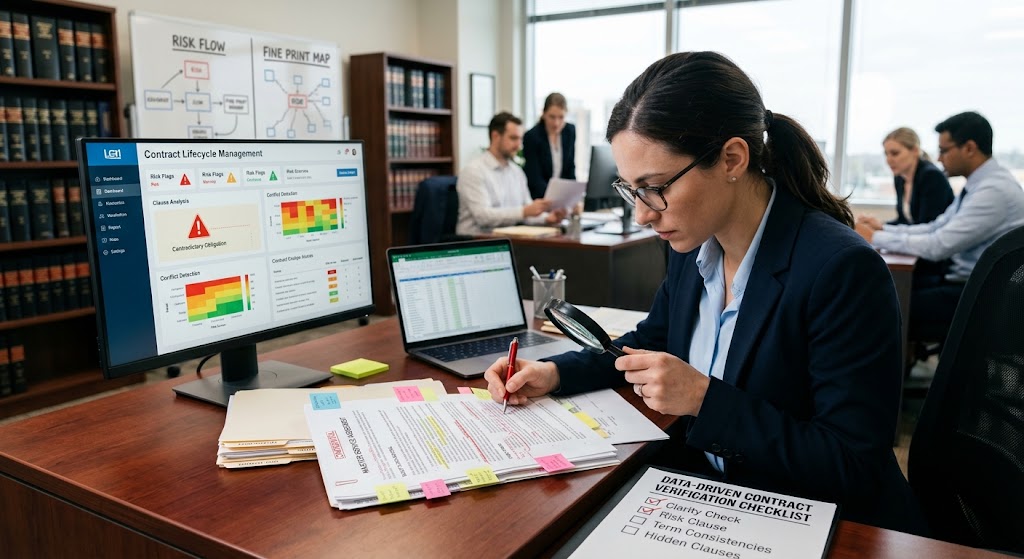 A lawyer meticulously reviews a contract with a magnifying glass in a busy office, next to a risk-analysis dashboard.