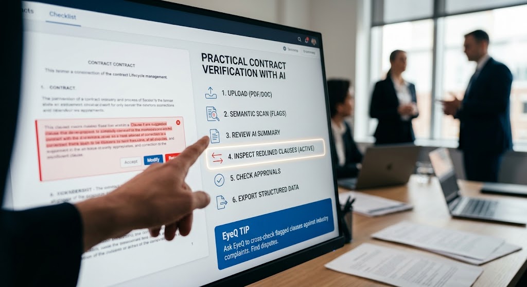 A hand points to a step-by-step AI contract verification checklist displayed on a computer screen in an office.