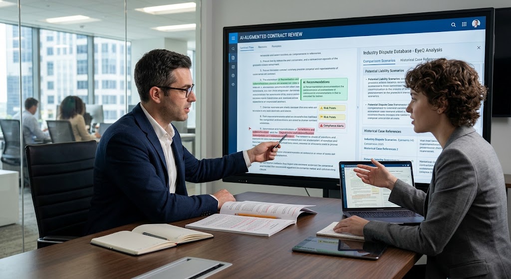 A legal expert and a colleague analyze AI contract recommendations on a large monitor during a review session.