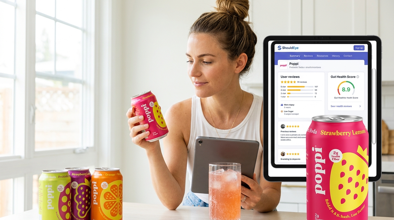 A woman looks at a can of Poppi prebiotic soda next to a tablet displaying product reviews and health scores.